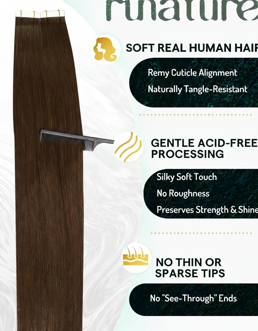 RUNATURE 28 Inch Tape in Hair Extensions Human Hair Brown Tape Hair Extensions Real Human Hair Invisible Tapes Remy Straight Dark Brown Hair 20pcs 50g #4 - Image 2