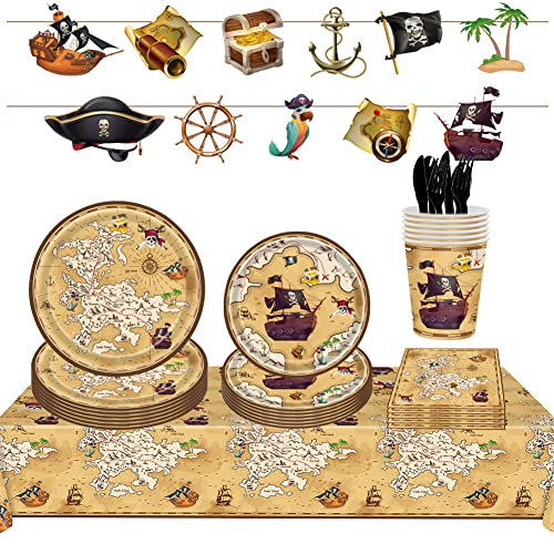 ZOOMPIL Kit de Pirate Vaisselle K'anniversaire, Pirate Fête d'anniversaire Fournitures, Assiettes, Ggobelets, Nappes, Serviettes et Bannière Pirate Favors, Set de Décoration Thème Pirate Cover