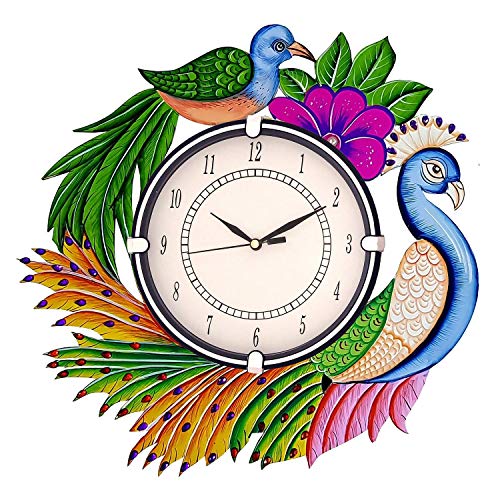 Image of Wooden Peacock Design Wall Clock Round Quartz Analog Decorative Antique Wall Clock for Home Decor Multicolor 5