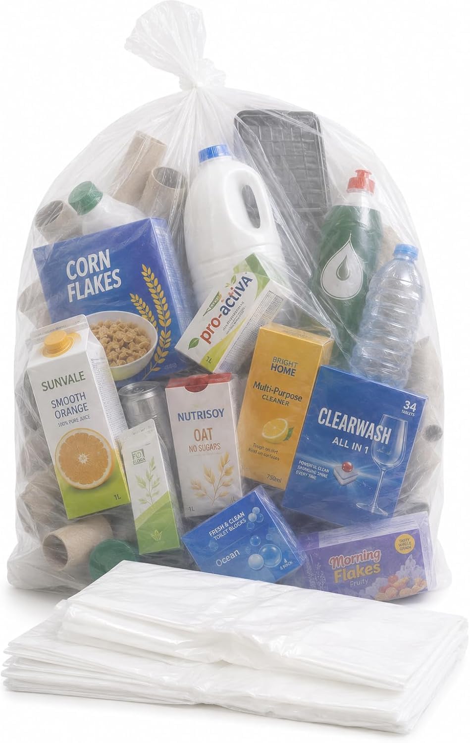 Abbey Pack of 100 Clear Plastic Recycling Bin Bags 90L – Transparent Recycling Bags for Kitchen, Bathroom, Bedroom, Office – Polythene Bin Liners bags –Clear Refuse Sacks 18 x 29 x 39 Inch – 64 Gauge