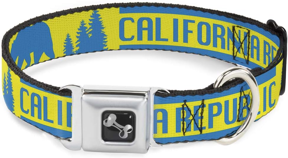 Dog Collar Seatbelt Buckle California Republic Bear Stars Silhouette Yellow Blue 11 to 17 Inches 1.0 Inch Wide