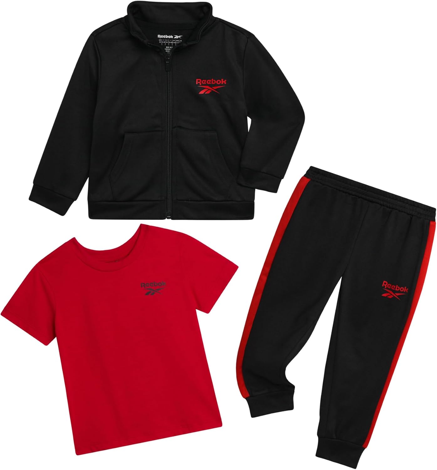 Reebok Baby Boy Pants Set - 3 Piece Athletic Tricot Track Jacket Short Sleeve Tee & Joggers Infant Toddler & Boys Tracksuit