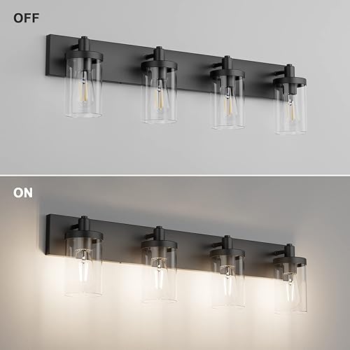 Miniatura 3 de Aipsun Lámpara de tocador de baño, 4 luces, color negro mate, con pantalla de vidrio transparente (no incluye bombilla)