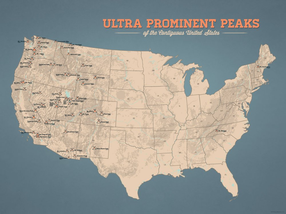 Ultra Prominent Peaks Map 18x24 Poster - 48 States (Tan & Slate Blue)