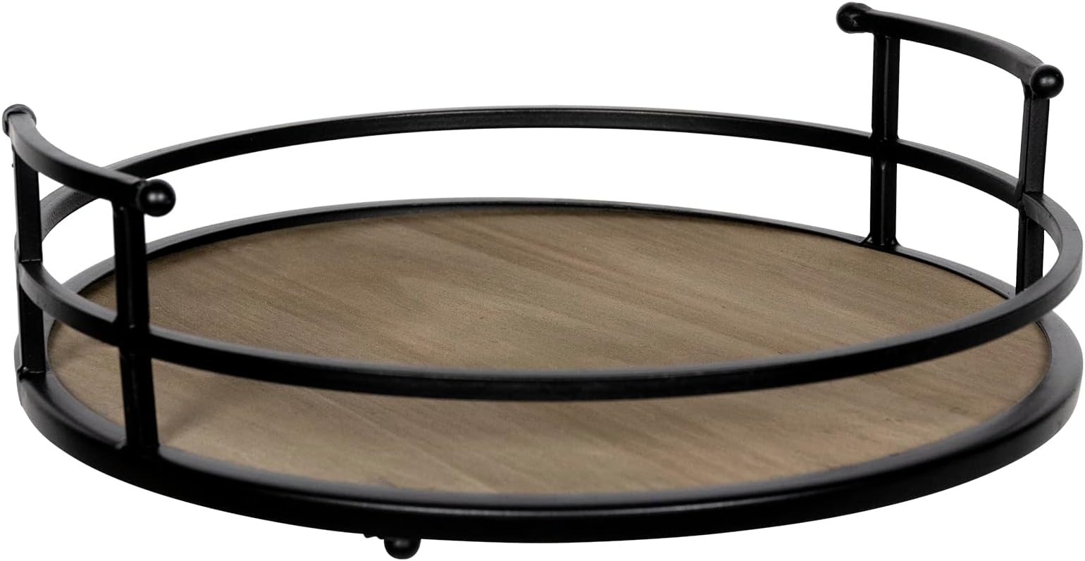 Stratton Home Decor Metal and Wood Round Tray | Wooden Coffee Table Tray Decor for Empty Table Surfaces | Decorative Round Serving Tray with Handles