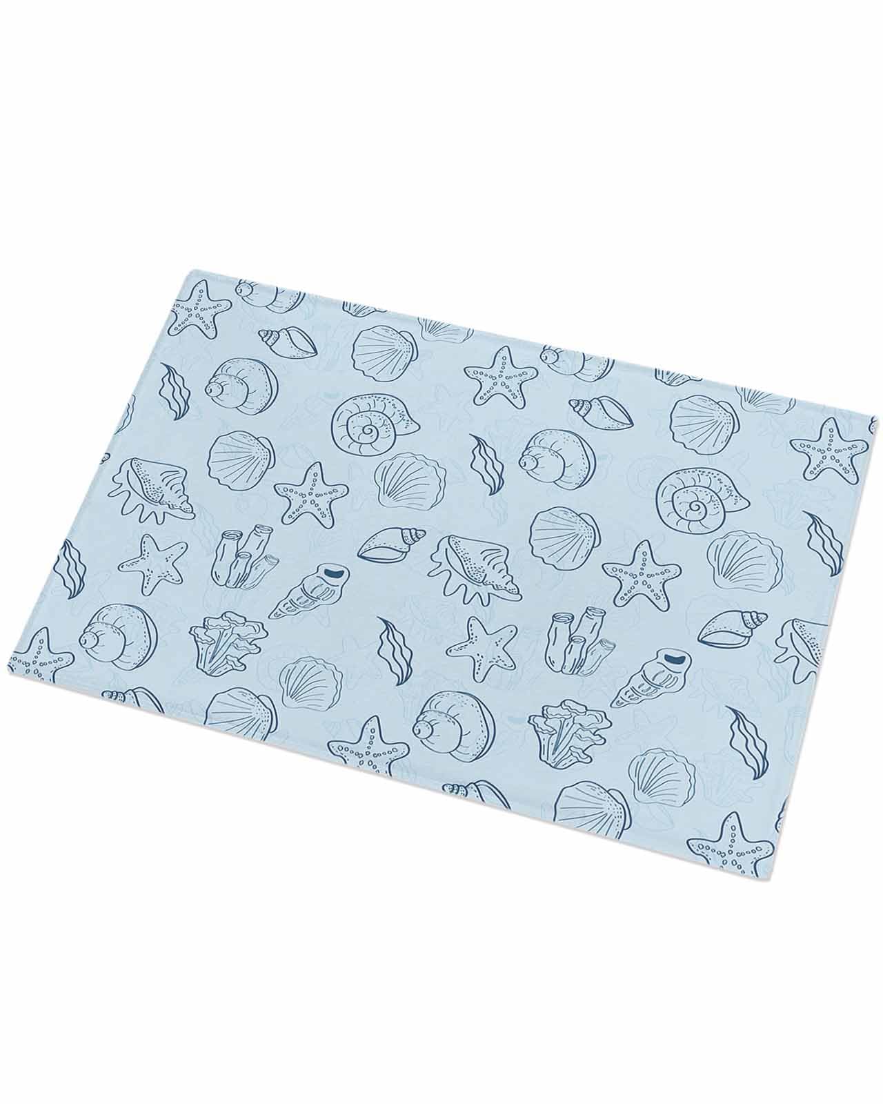 Indoor Doormat Ocean Shell Conch Starfish Seaweed,Shaggy Floor Mat with Non-Skid Backing Summer Marine Life on Blue,Machine Washable Plush Area Rug Carpets for Kitchen Nursery Bedroom