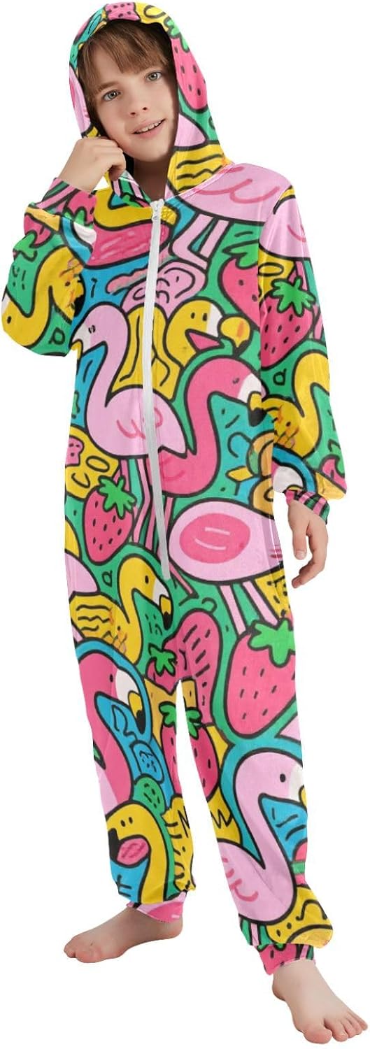 Unisex Pajama Soft Casual Hooded One-Piecing Loungewear Sleepwear for Parties Sleepovers 4-14Y