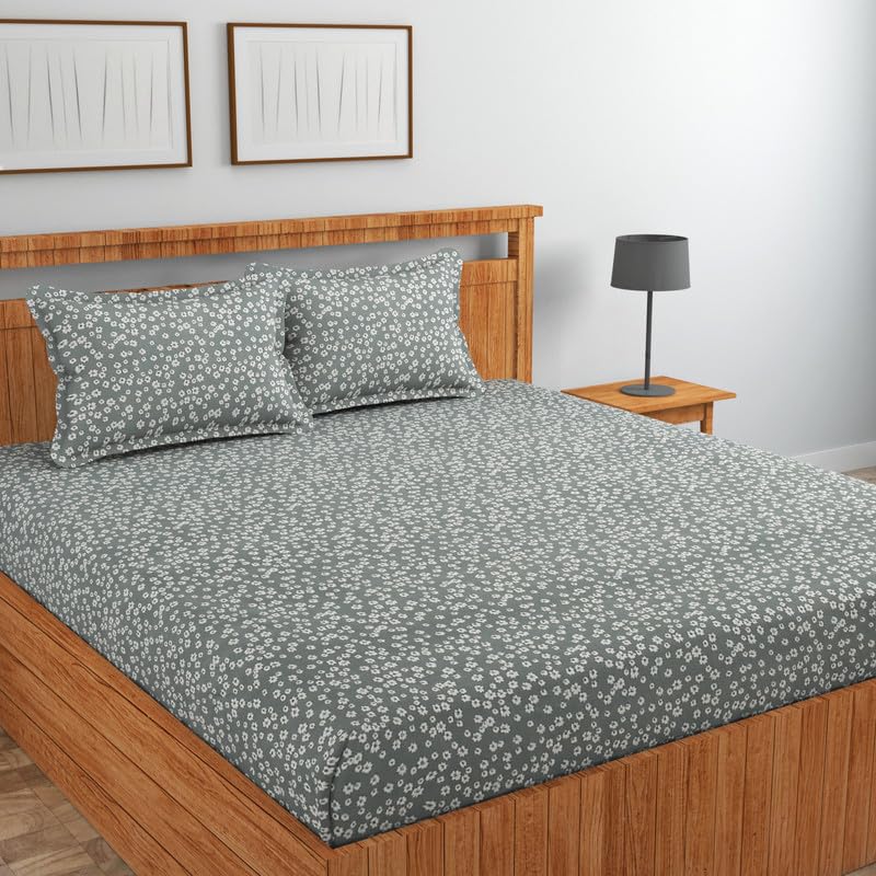 Image of NEW LEAF Cotton Flat Double Bedsheets with 2 Pillow Covers | Double Bed Breathable | Wrinklefree | Ultrasoft |Summer Bedsheet 200 to 220 tc Floral | 90x90 Inches, Floral, Grey