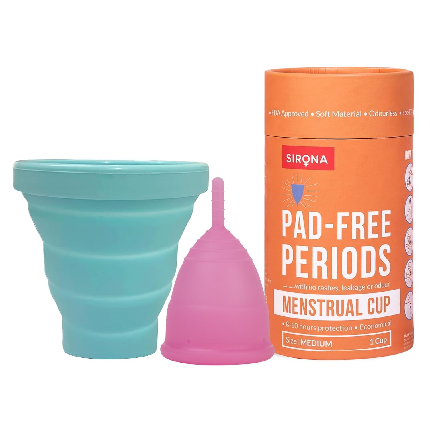 Sirona Reusable Menstrual Cup for Women (Medium) with Collapsible Microwave-Safe Sterilizer | 100% Medical-Grade Silicon