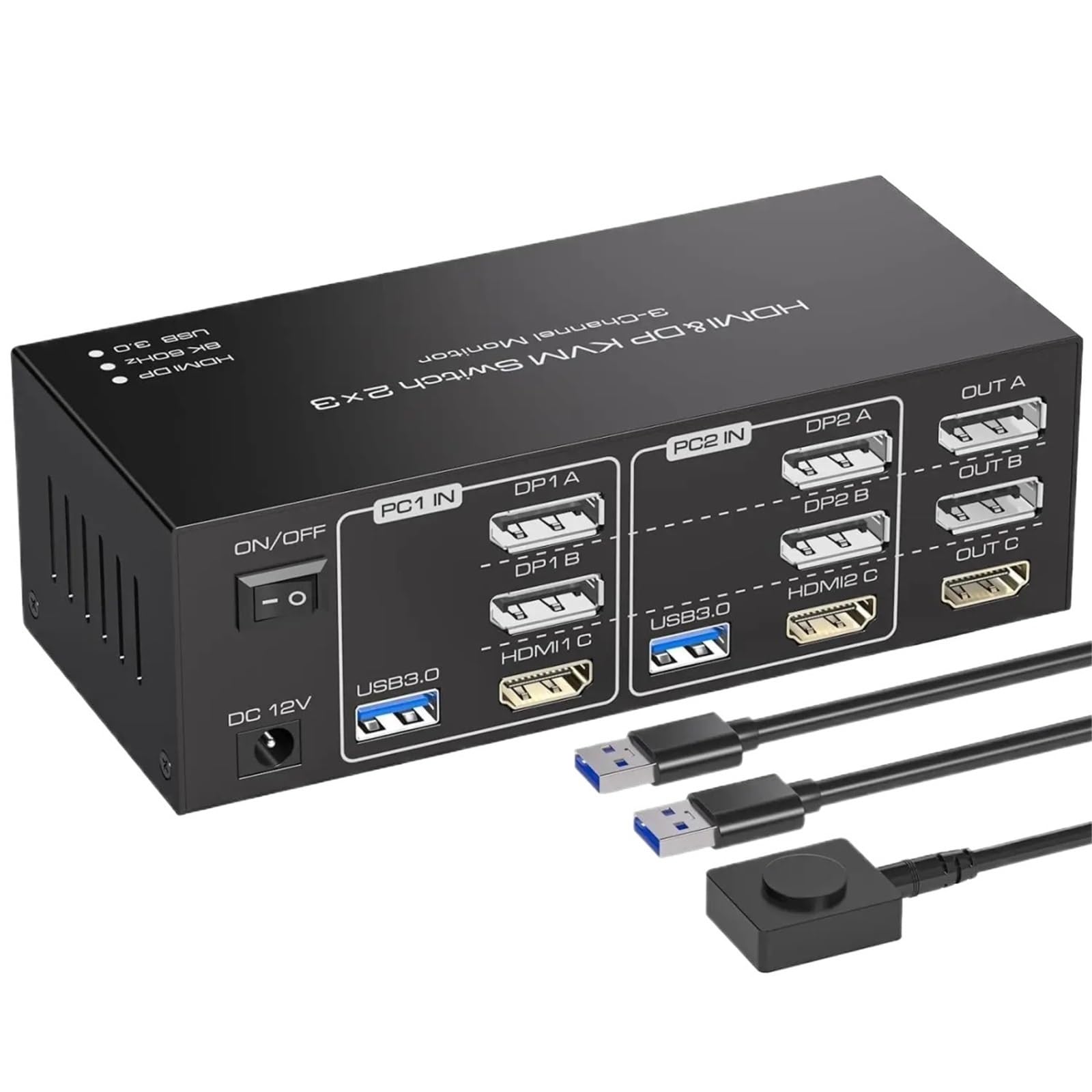 KVM Switch 3 Monitors 2 Computers HDMI+2Displayport 8K USB 3.0 KVM Swtich 2 PC Share Triple Monitor for Keyboard Mouse Hard Disk(US Power Adapter)