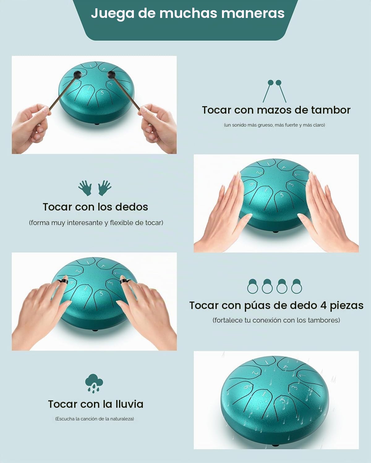 Tambor para lluvia al aire libre, juego de lluvia, impermeable, para instrumentos de jardín, tambor de chakra, 15,2 cm, 8 notas