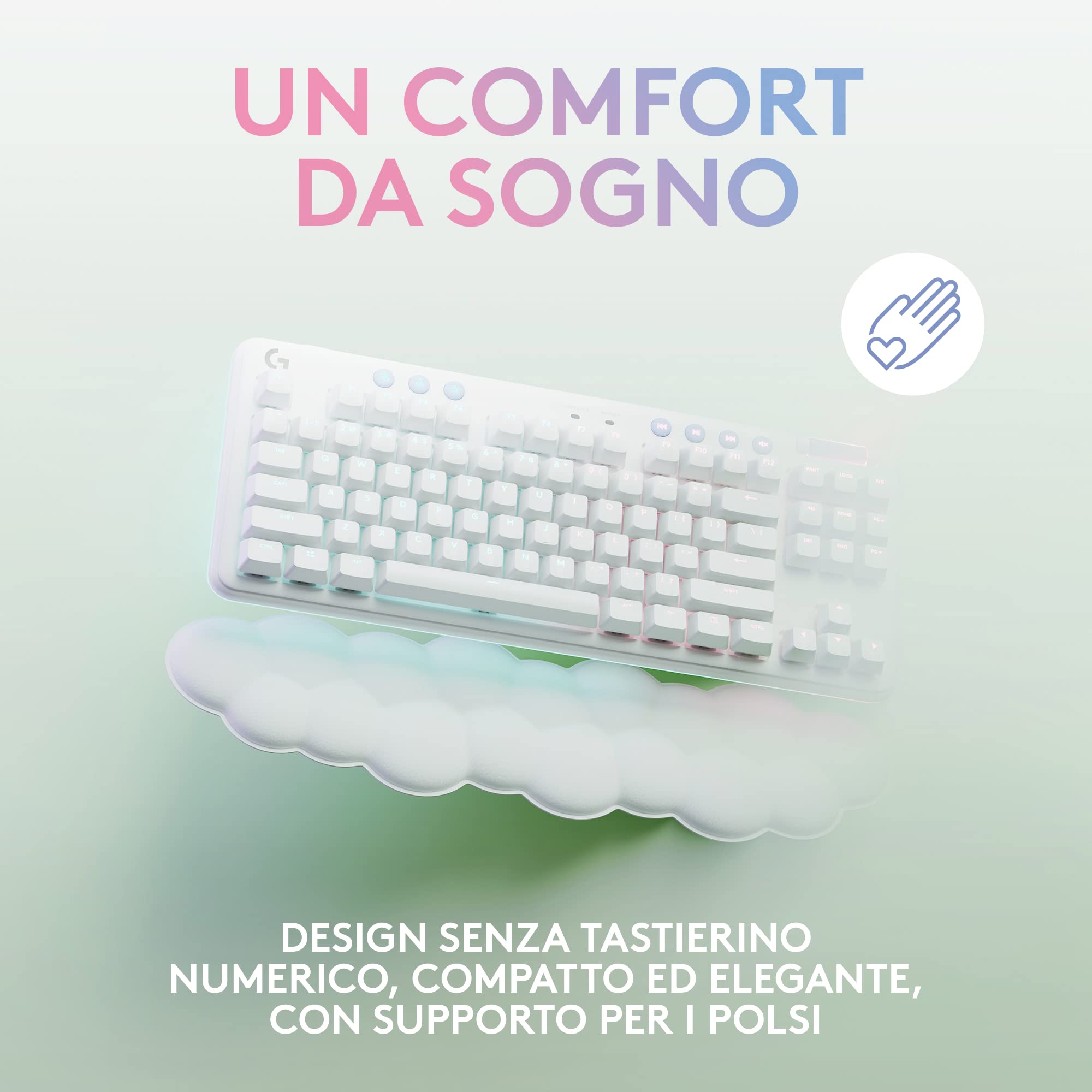 Logitech G G715 Tastiera Gaming Wireless con Luce RGB LIGHTSYNC, Velocità Della LUCE, Tactile Switch (Marrone GX) e Supporto Per Tastiera, Compatibile con PC e Mac - Bianco, QWERTY