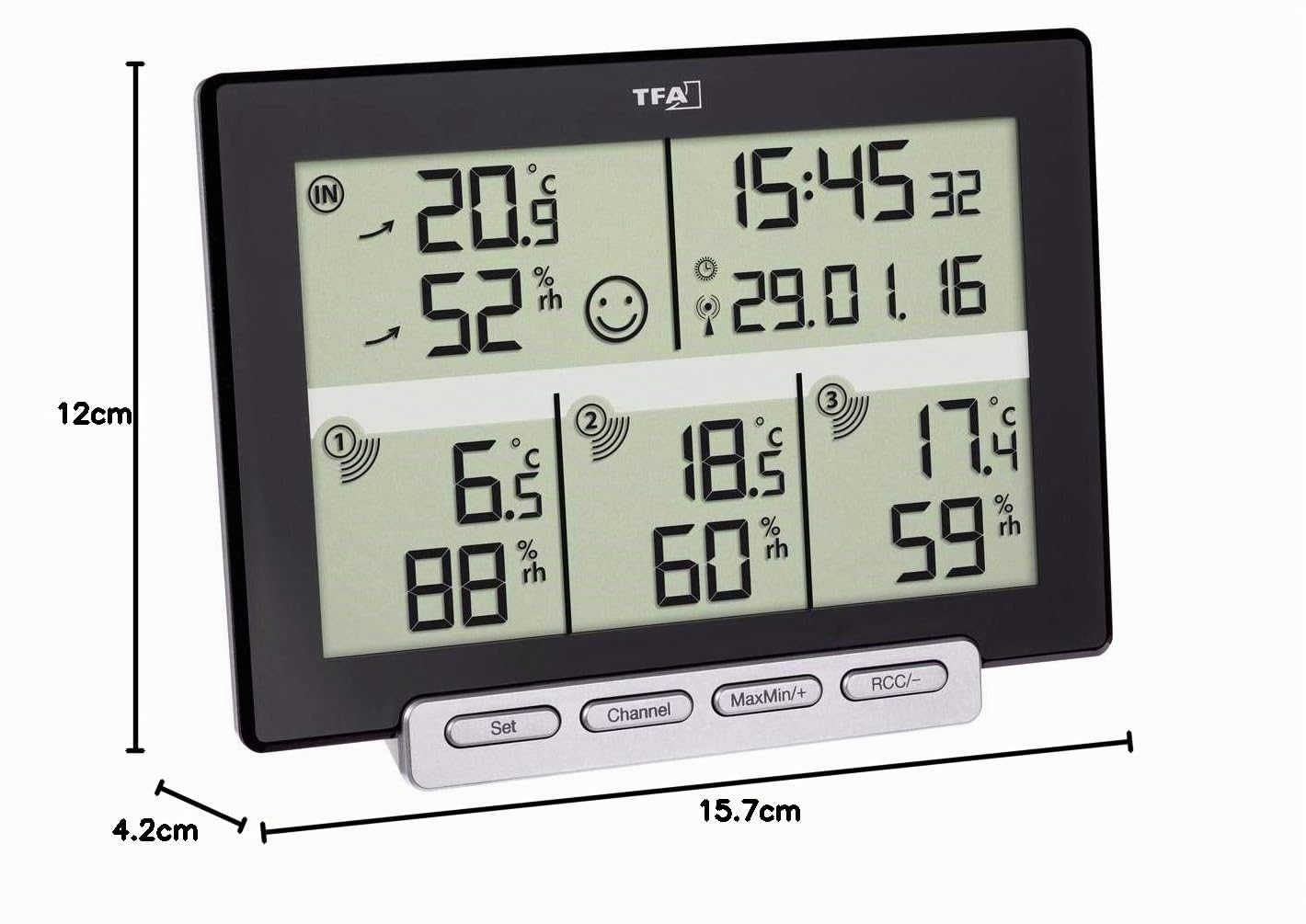 TFA Dostmann Multi-Sens Funk-Thermo-Hygrometer, mit 3 Sendern, zur Kontrolle von Raum- und Außenklima, Tendenzanzeigen, Höchst- und Tiefstwerte, L 157 x B 42 x H 120 mm