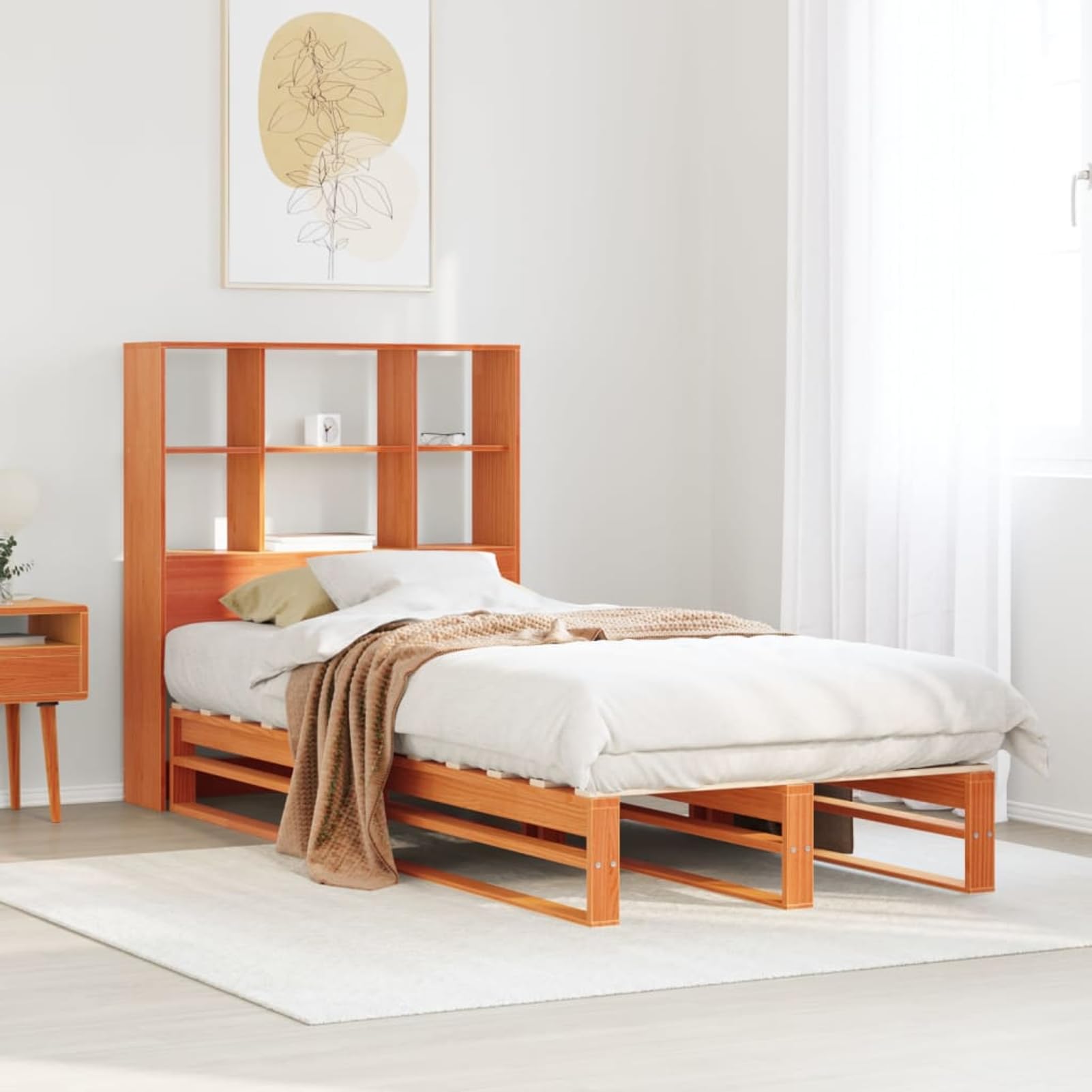 Gecheer Lit Bibliothèque sans Matelas Cire Marron 100x200cm Bois Massif, Cadre de Lit à Plateforme avec Lattes Convient pour Matelas de 100 x 200 cm pour Chambre Adultes Type B