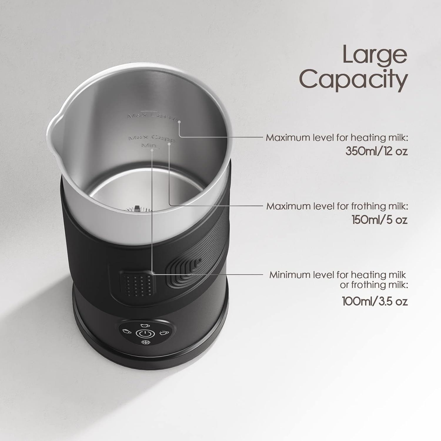 TARSHYRY Milk Frother showing internal capacity markings for heating milk (350ml/12oz max), frothing milk (150ml/5oz max), and minimum capacity (100ml/3.5oz).