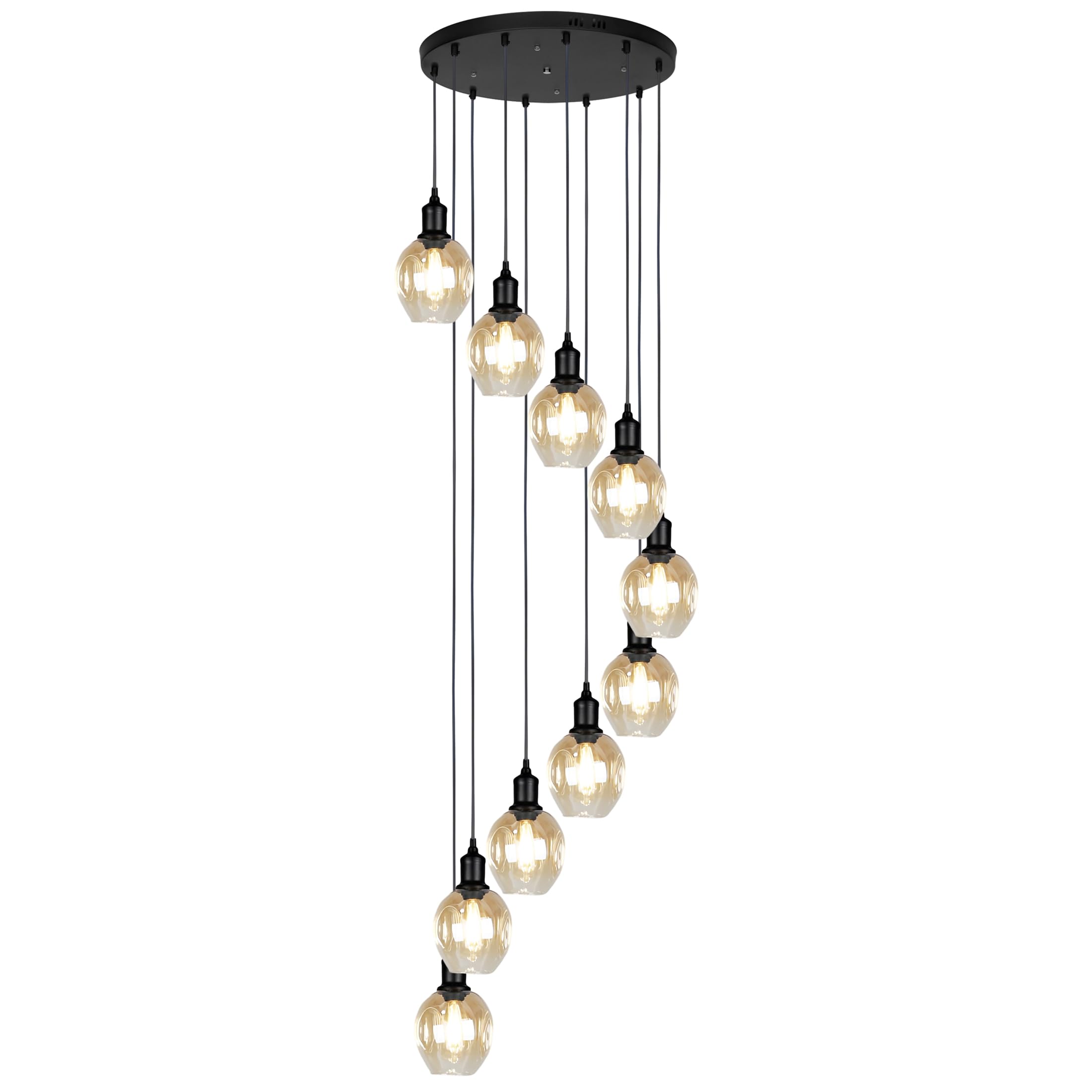 FYZDLAOR Vintage 10-Light Chandeliers Spiral High Ceiling Pendant Lighting Champagne Glass Shade Black Dome Long Chandelier for Foyer Entryway Stairwell Ceiling Fixture