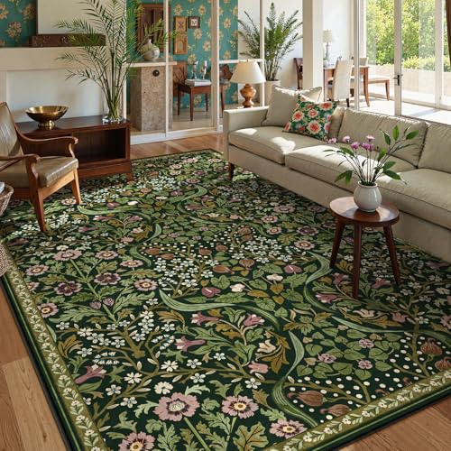 Moynesa Floral 6x9 Area Rugs, Washable Green Rugs for Living Room, Boho Large Soft Bedroom Rug, Non Slip Ultra Thin Botanical Indoor Floor Carpet for Dining Room Home Office, Green