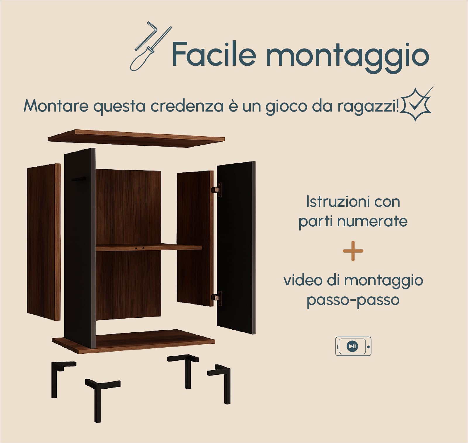 MB Muebles Bonitos, Credenza piccola Lander L15, Stile Moderno, Madia bassa multiuso con 2 ante, Colore Noce e Grigio, 60x84x30cm