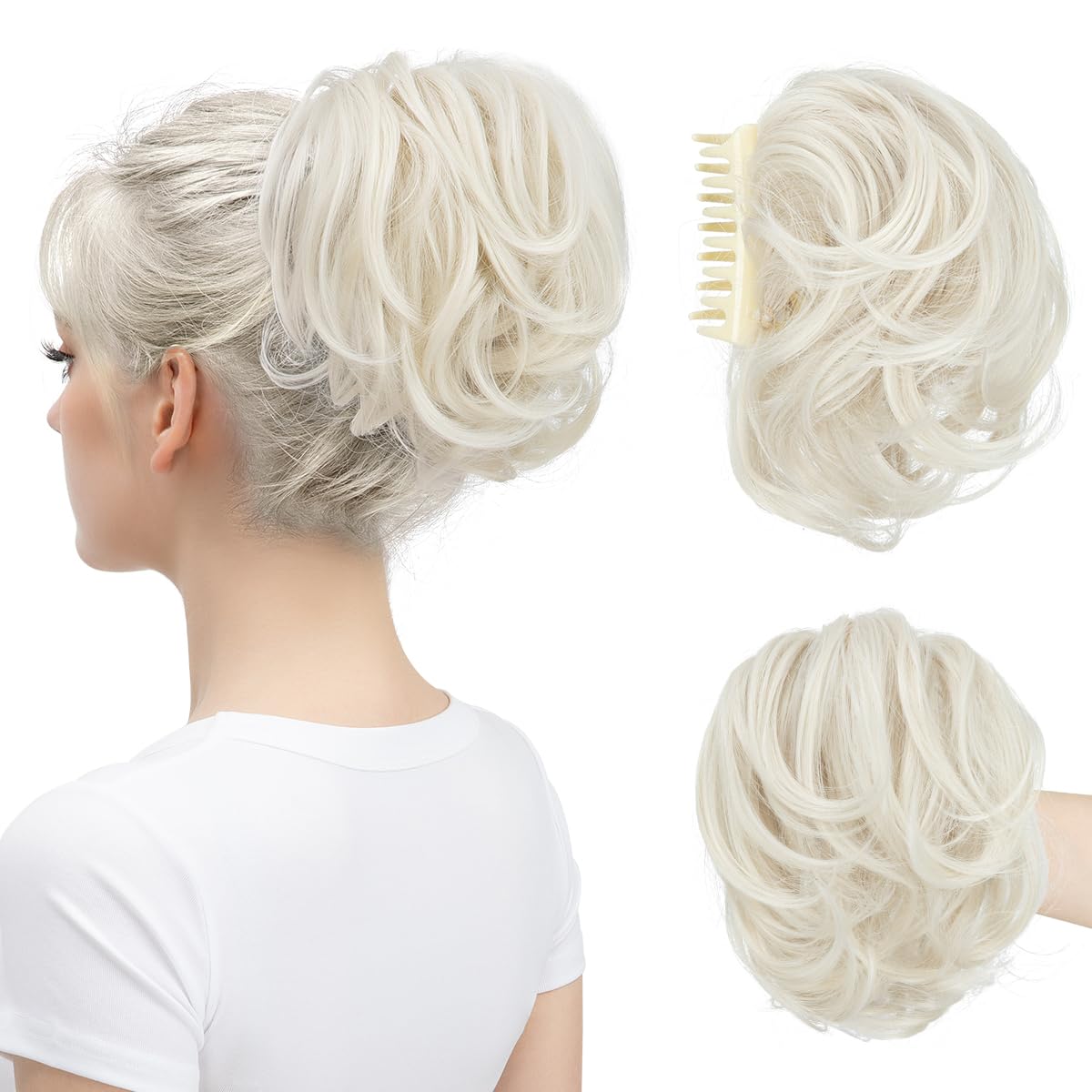 Claw Clip Short Ponytail Messy Bun Hair Piece Bendable Hair Branch Extensions Fluffy Wavy Curly Synthetic Versatile Platin Blonde Hairpieces
