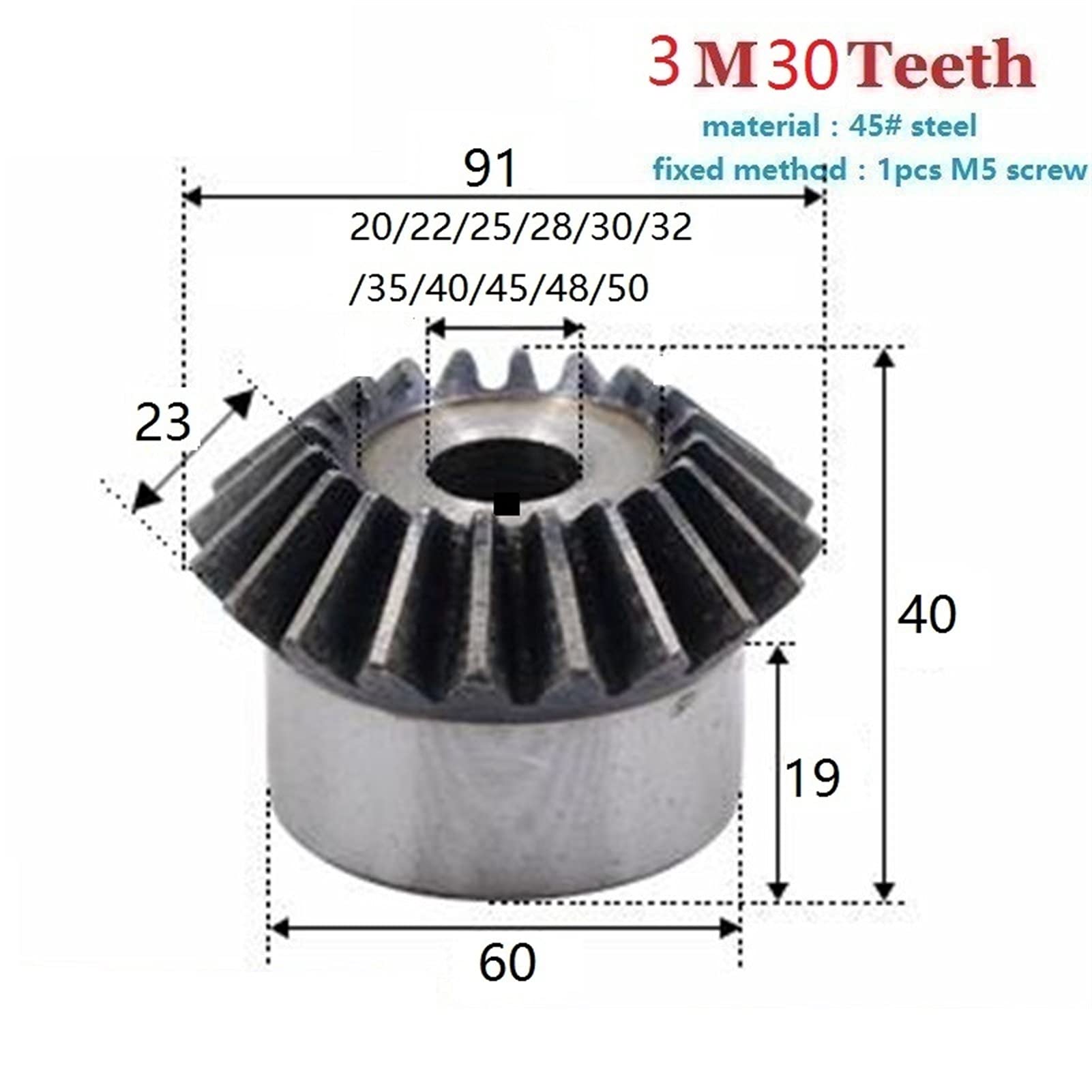 Durable 3mod Bore 20/22/25/28/30/32/35/40/45/48/50mm Bevel Gear Carbon Steel Hard Tooth 1 to 1 Bevel Gear for Cnc Machine ( Hole Diameter : 40mm keaway 12mm , Number of Teeth : 30 Teeth )