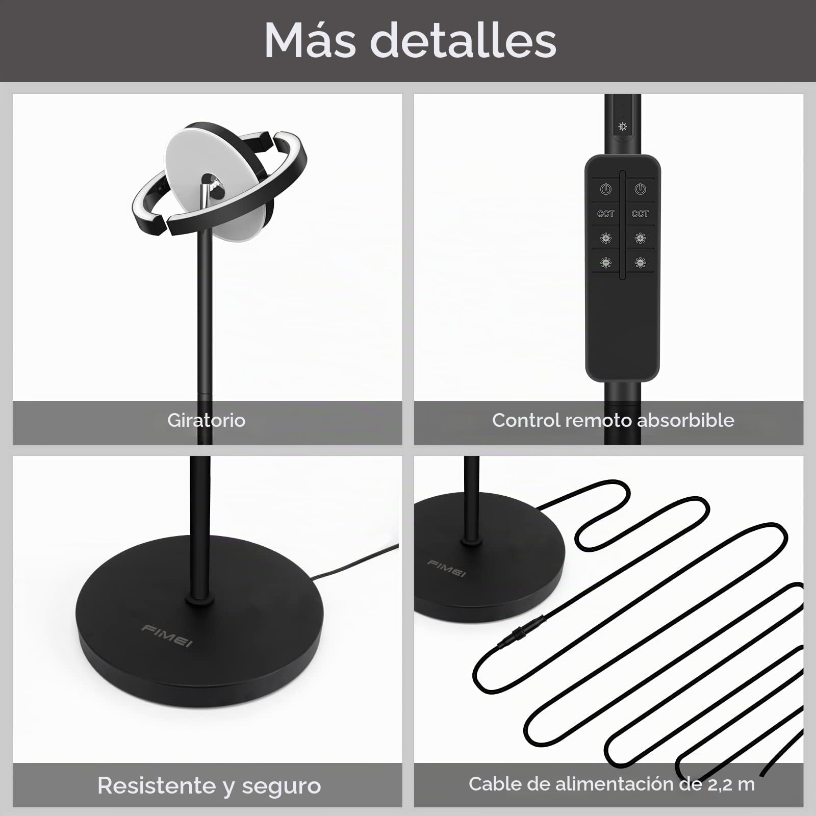 FIMEI Lámpara de Pie, 3 Temperatura de Color y Atenuación Continuas, con Control Remoto y Táctil, Moderna Lámpara de Lectura para Sala de Estar, Dormitorio, Oficina, 36W, Luz Central hacia Abajo