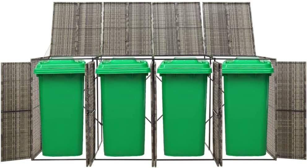 Rattan Quadruple Wheelie Bin Shed, Outdoor Garbage Can Storage Shed, Garden Garbage Can Enclosure, Outdoor Trash Can Garbage Can Shed, Gray 107.9"x31.5"x46.1" Poly Rattan,-466