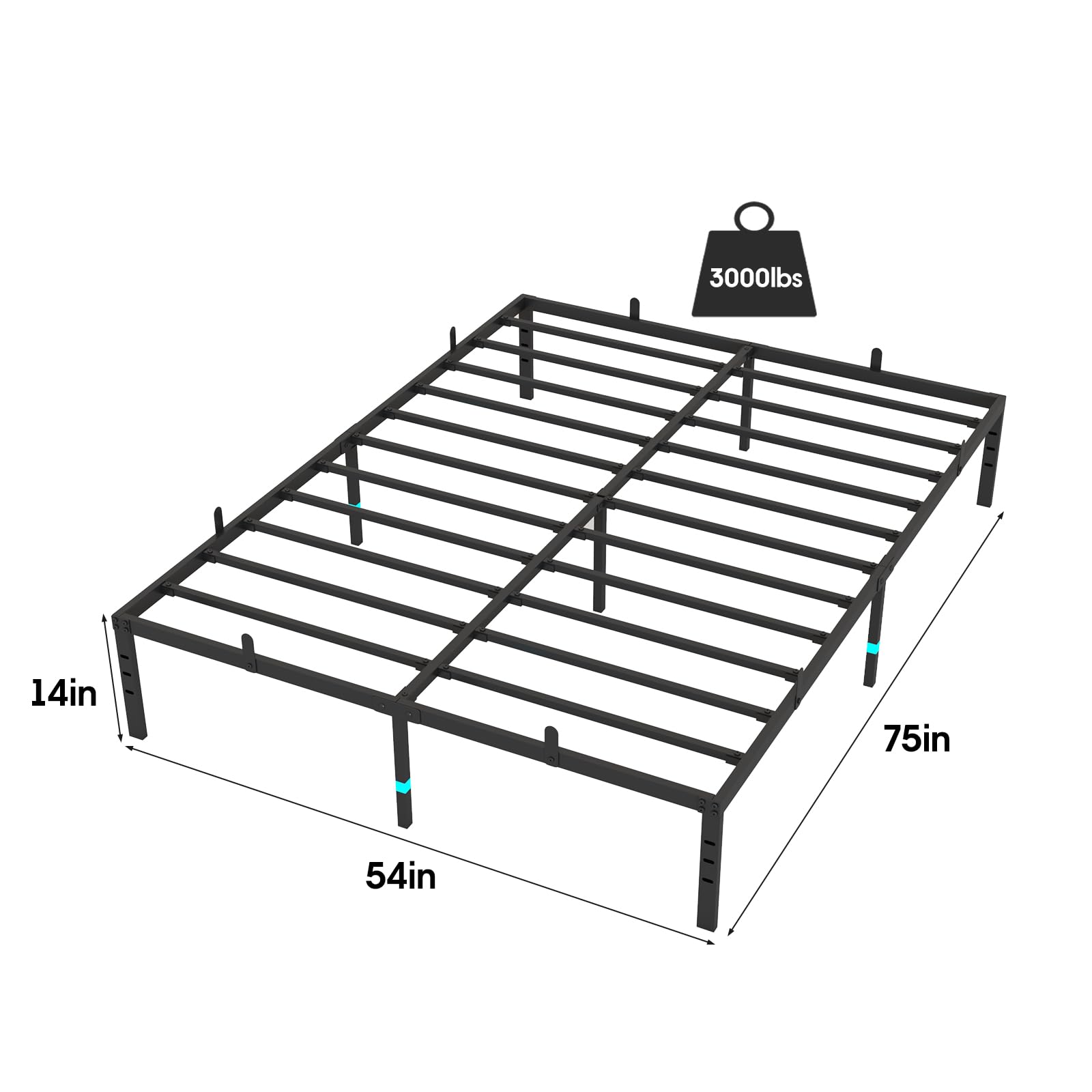 Halitaa Full Size Bed Frame with 8 Mattress Holder, Easy to Assemble Noiseless Heavy Duty Platform Bed Frame with Lighted Strip, Black Metal, 14 Inch High, No Box Spring Needed