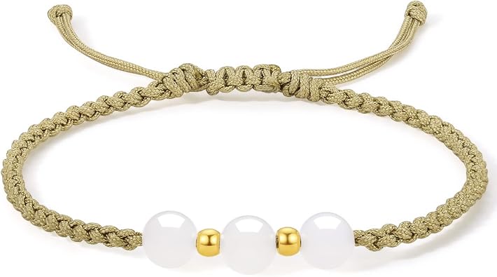 24K Solid Gold Bracelets for Women, Real Pure Gold Adjustable Friendship Gold Bead White Jade Bead Bracelet Green Pink Braided Bracelet for Women Men Mom Girlfriend
