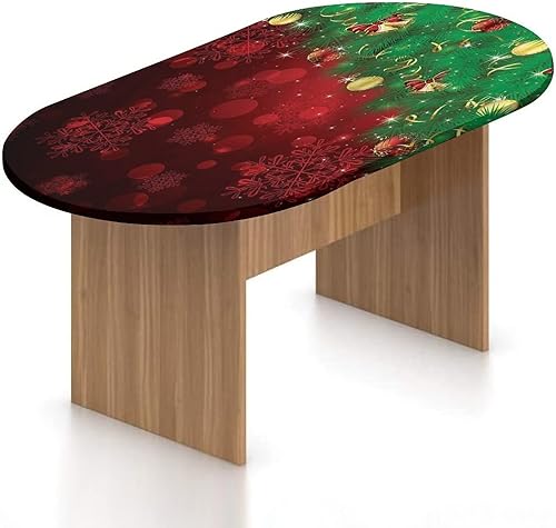 XISUNYA Mantel ovalado ajustable de poliéster con bordes elásticos navideños, protector de mesa con estampado de cascabeles y árboles, se adapta a