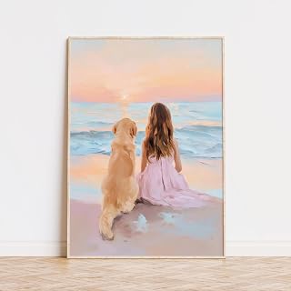 Xenulab Girl and Dog Beach Sunset Painting - Pastel Coastal Wall Art Print