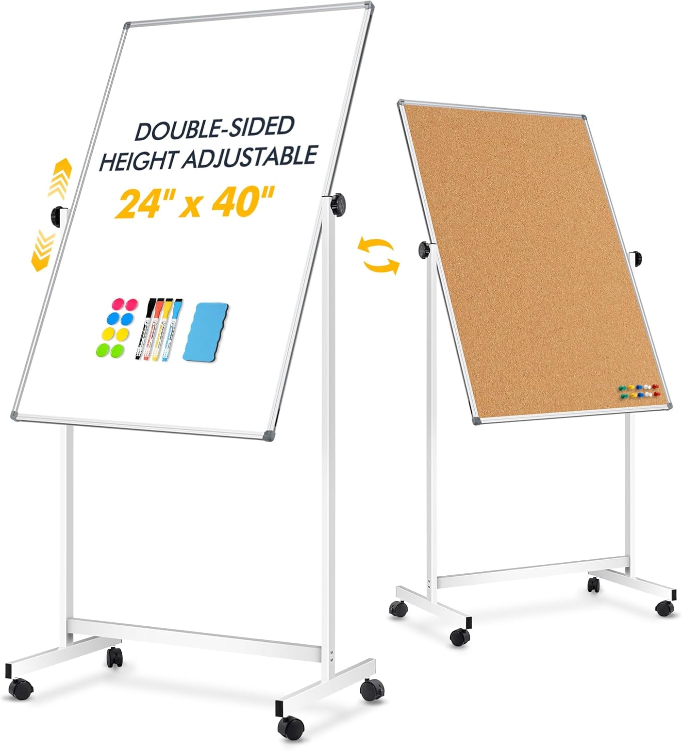 WALGLASS Rolling Whiteboard & Corkboard Combo with Stand, 24"x40" Reversible Double-Sided White Board Cork Board Combination, Mobile Dry Erase and Bulletin Boards on Wheels