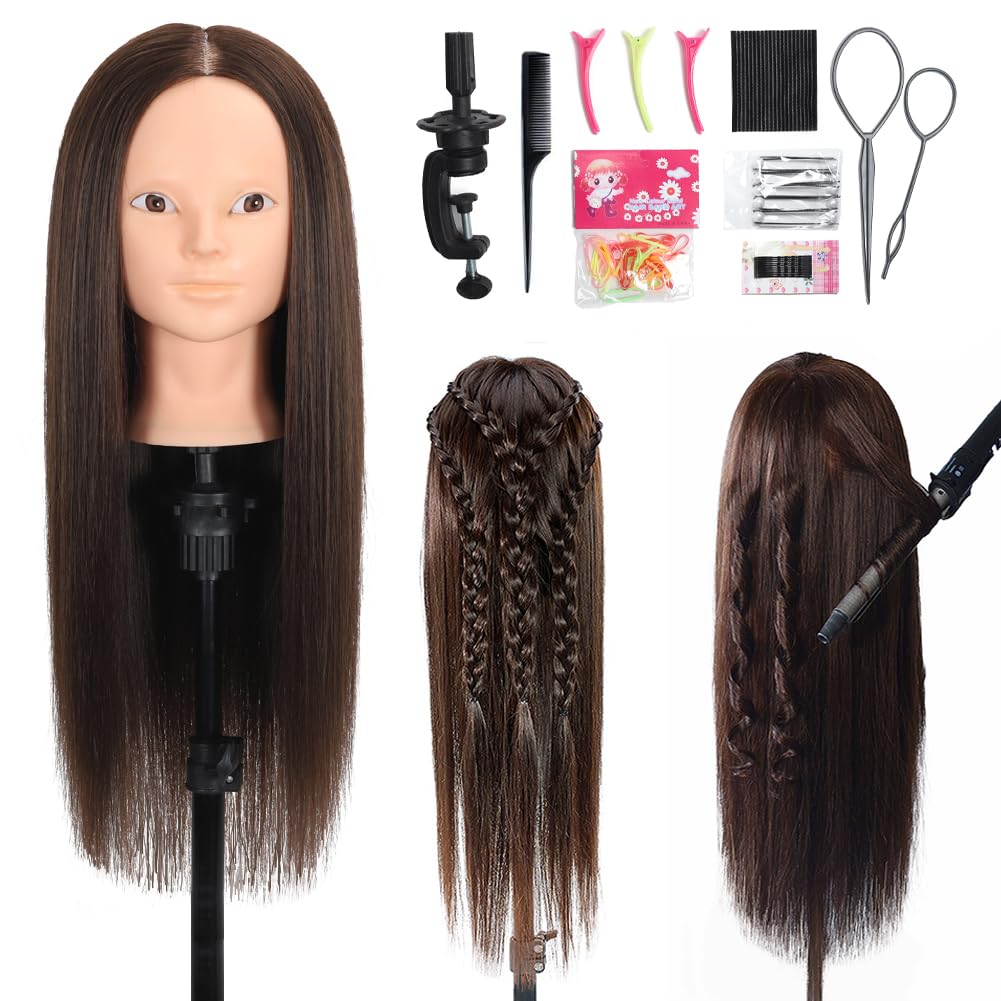 Mannequin Head with 100% Real Human Hair, Cosmetology Mannequin Doll Head for Styling Hairdresser Practice Training Head (Brown)
