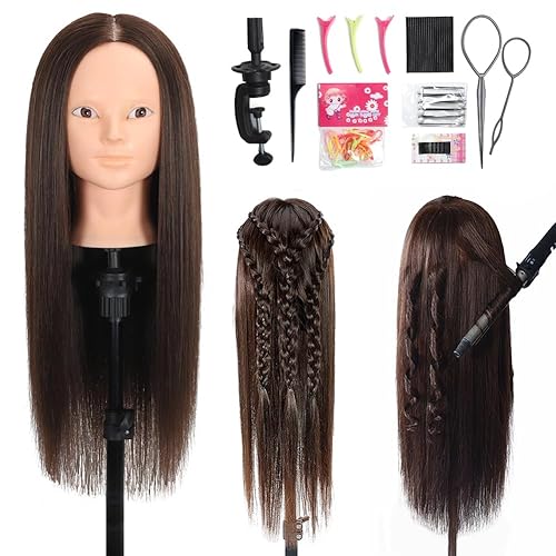 ZOMOI Mannequin Head 70% Human Hair 28"Cosmetology Practice Mannequin Head with Hair Makeup Doll Head for Practice（No makeup 4#） - 4#BROWN