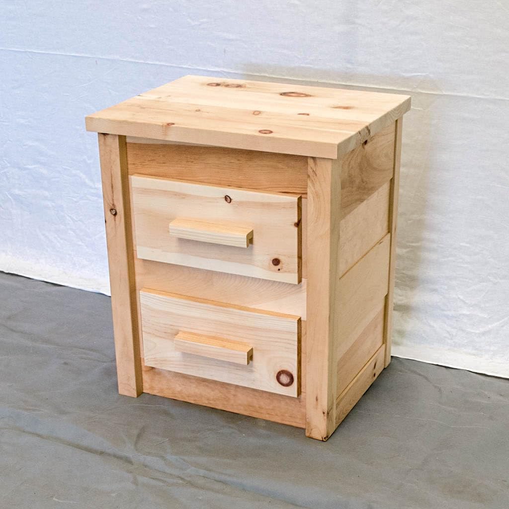 Farmhouse Wood Nightstand, 2 Drawer - Bedside Table - Unfinished, Dovetail, Natural Pine, Solid Wood, Amish Handcrafted in USA