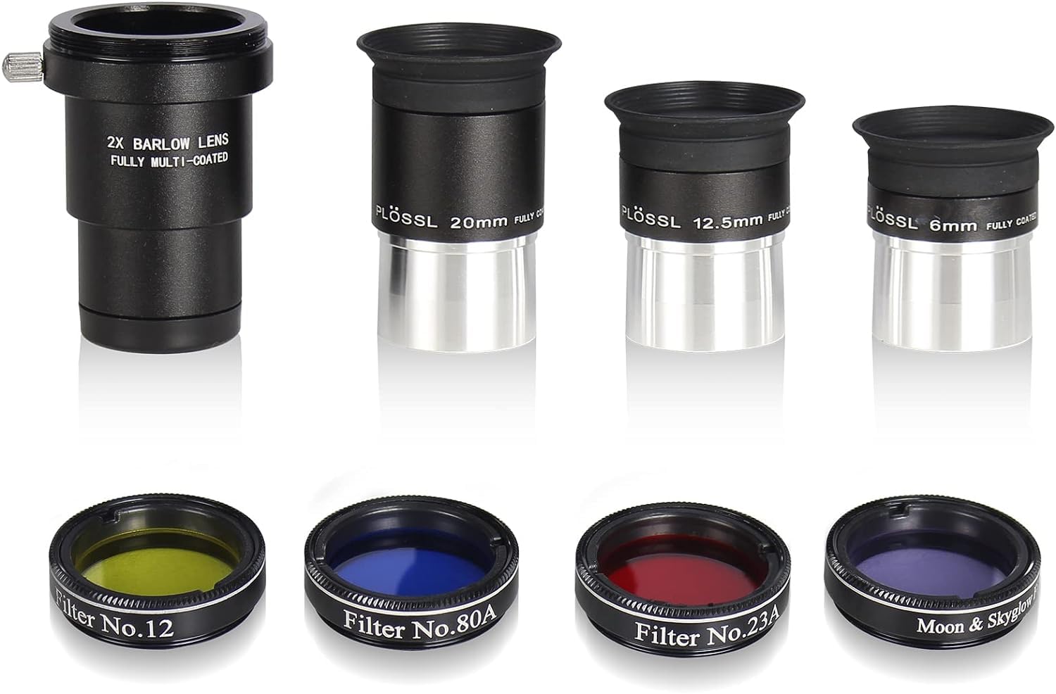 Celticbird Juego de accesorios para telescopio astronómico: incluye 3 oculares Plossl, 4 juegos de filtros, una lente Barlow 2x (S8-1)