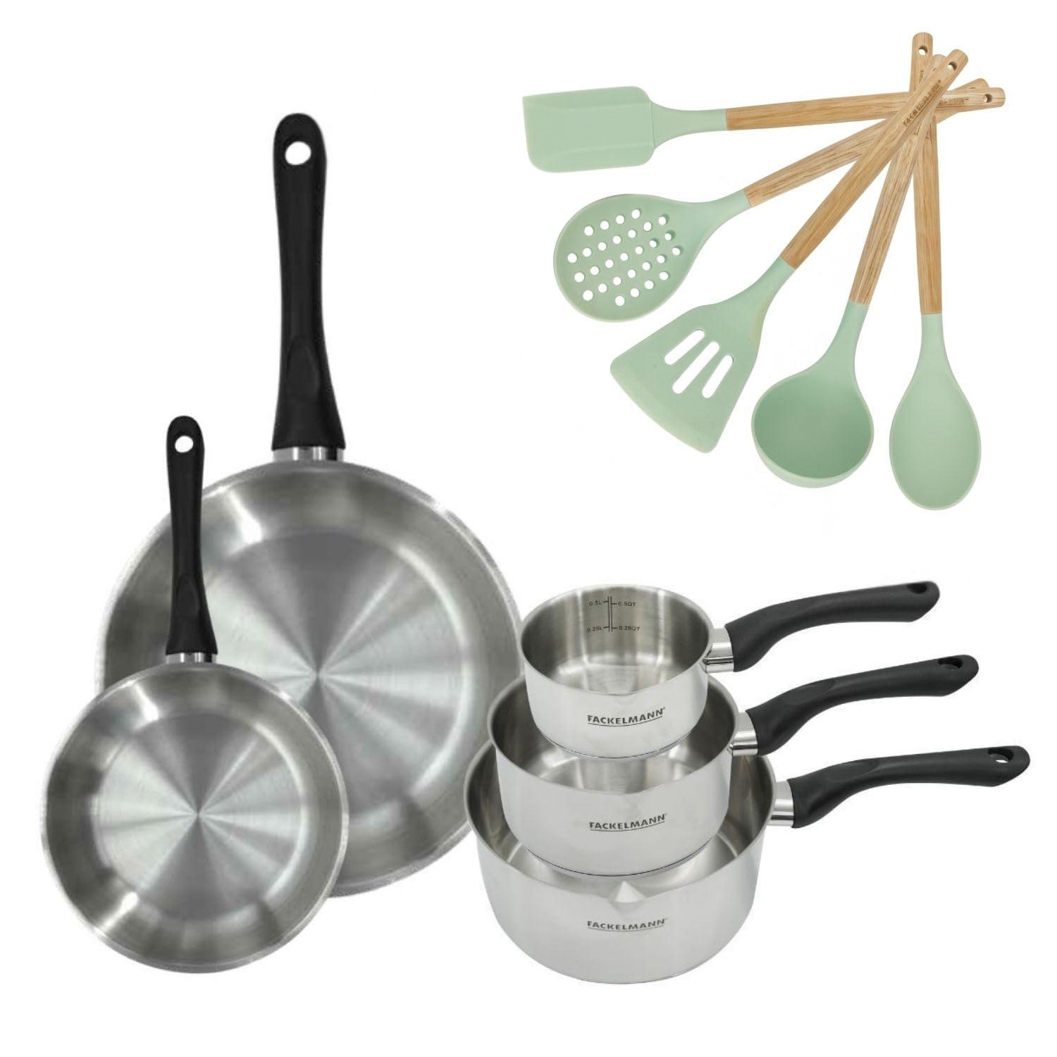 Fackelmann 9205550 Set 20/28 cm PFAS Free Stainless Steel Pans and Saucepans 12/16/20 cm Stainless Steel with 5 Utensils | Lot complet pour équiper la cuisine, 3 casseroles 2 poêles 5 ustensiles, Inox et RPET, Induction vitro gaz, Poêle 20 et 28 cm