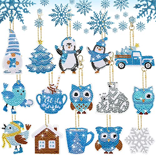 Inbagi 15 Pcs Winter Diamond Painting Keychains Blue Diamond Art Keychains Winter Gnome Snowflakes Diamond Painting Key Chains Diamond Art Key Rings Pendant 5D Diy Diamond Decoration (Winter Style) #TOP13