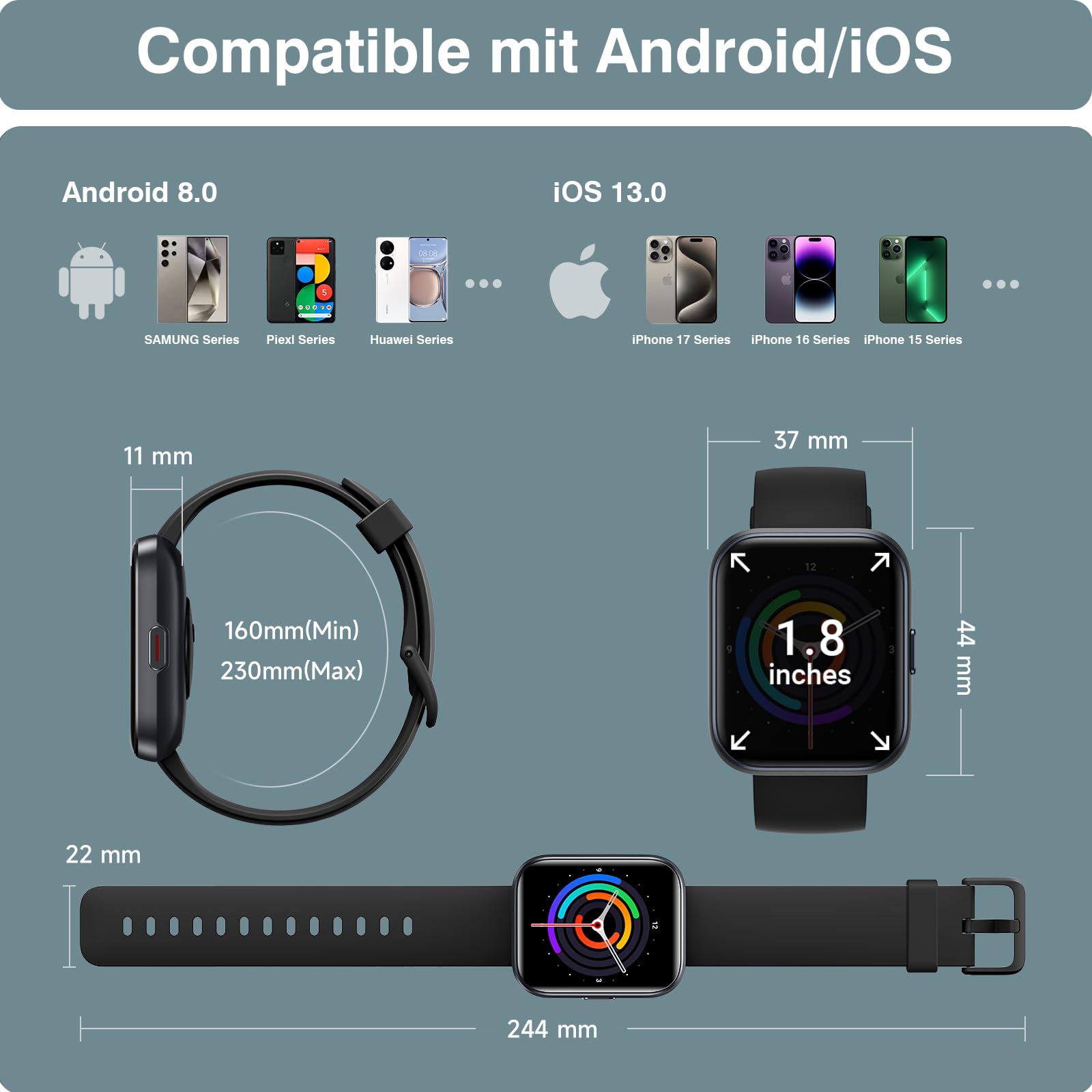 Smartwatch Herren Damen, 1.85" Smart Watch mit Telefonfunktion/Whatsapp, Fitnessuhr Herren mit Herzfrequenz/Schlafmonitor, 10 Tage Akku, 3ATM Wasserdicht Pulsuhr Damen für Samsung/iOS/Android, Alexa