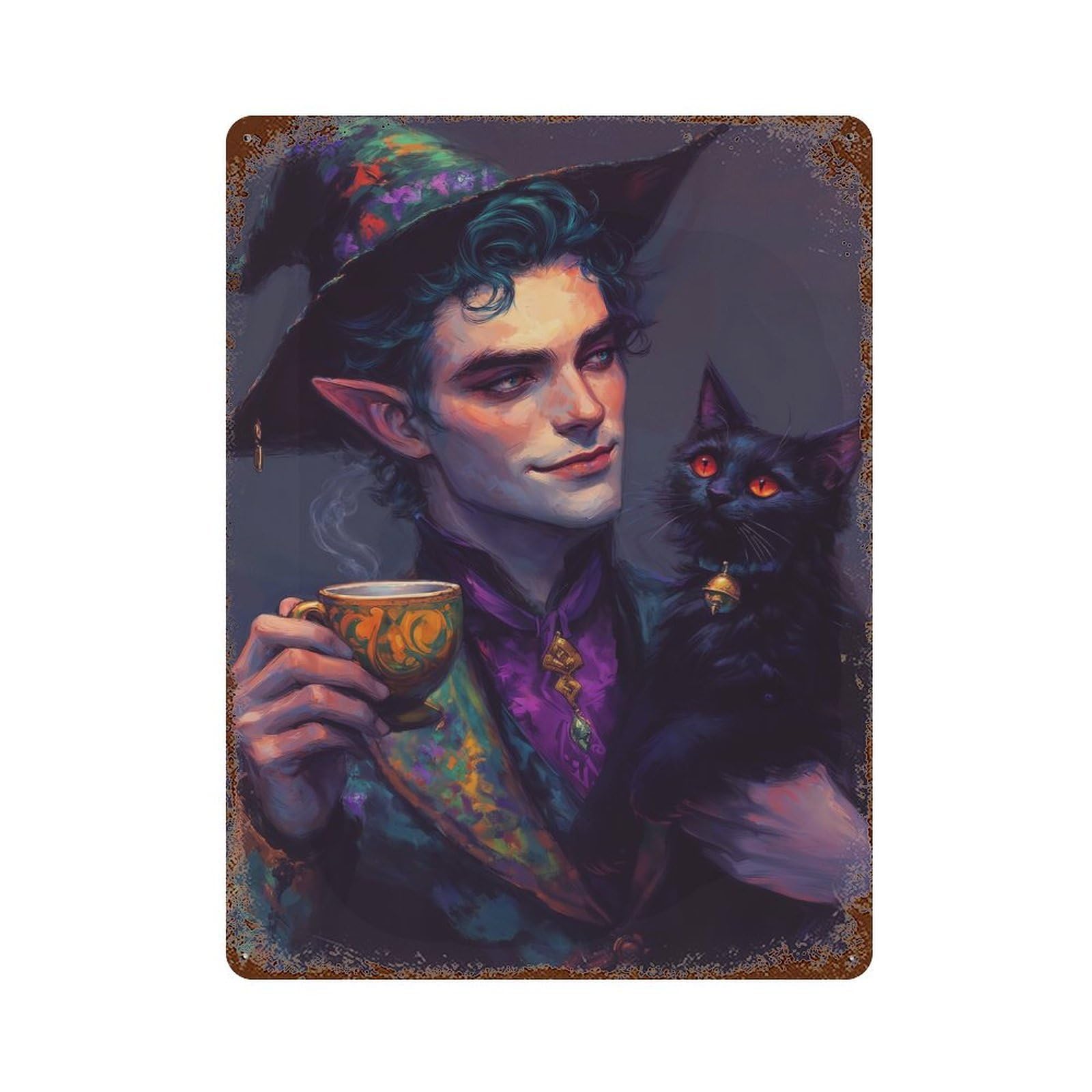 Elf Wizard with Black Cat And Tea Aged Metal Wall Plaque 15.7"x11.8", for Shed, Workshop And Garage Wall Decor, Old School Wall Decor