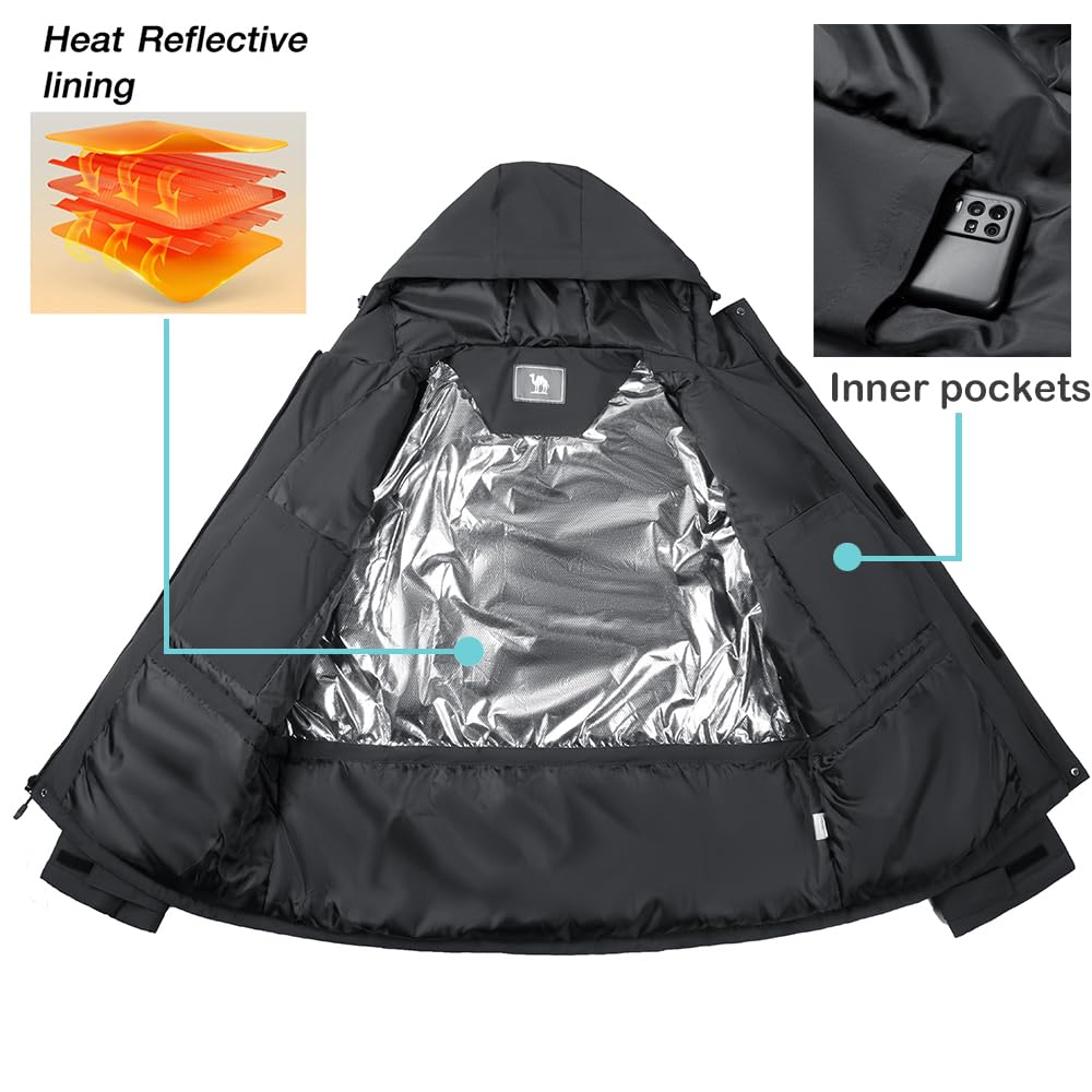 CAMEL CROWN Herren Wintermantel Wasserdicht Skijacke Kapuze Windbreaker mit Thermoisolierung für Schnee Regen Wandern Outdoor