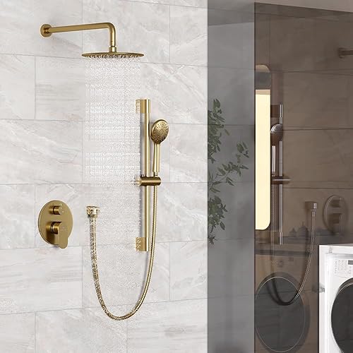 MONDAWE Juego de grifo de ducha montado en la pared de 9 pulgadas en oro cepillado, cabezal de ducha de lluvia con 3 ajustes, sistema de ducha de