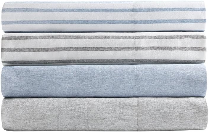 Madison Park Essentials Chambray Printed ultra soft 4 piece sheet set, Grey Stripe, King