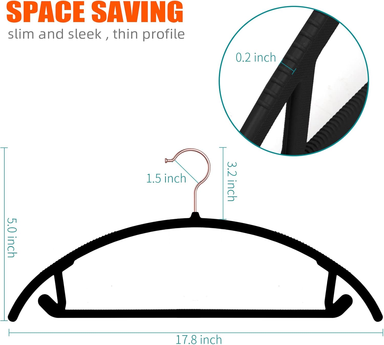 OIKA Hangers 50 Pack No Shoulder Bump - Space Saving Huggable Closet Hangers with 360° Rotating Hooks, Heavy Duty Non-Slip for Shirts, Pants, Coats (Black)