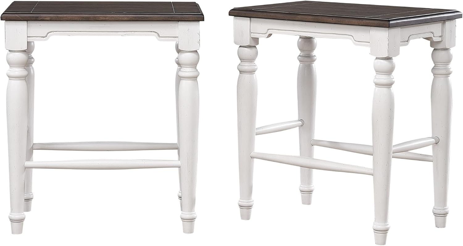 Sunset Trading French Chic 24" Backless Barstools | Set of 2 Kitchen Island Counter Stools | Two-Tone Antique White & Walnut Brown Solid Wood | Dining and Game Room Seating