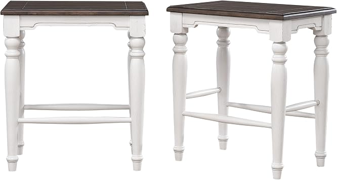 Sunset Trading French Chic 24" Backless Barstools | Set of 2 Kitchen Island Counter Stools | Two-Tone Antique White & Walnut Brown Solid Wood | Dining and Game Room Seating