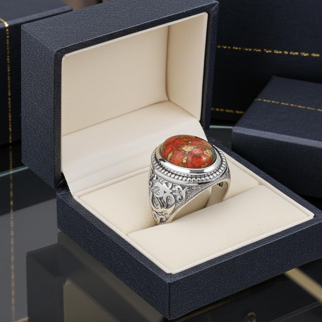 LA BLINGZ 14K White Gold Om Aum Ring Orange Copper Turquoise Oval Yoga Meditation Statement Ring Unisex