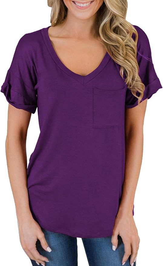 MIHOLL Women's Short Sleeve V-Neck Boat Neck V Neck Dolman Top with Side Shirring-Made in U.S.A.