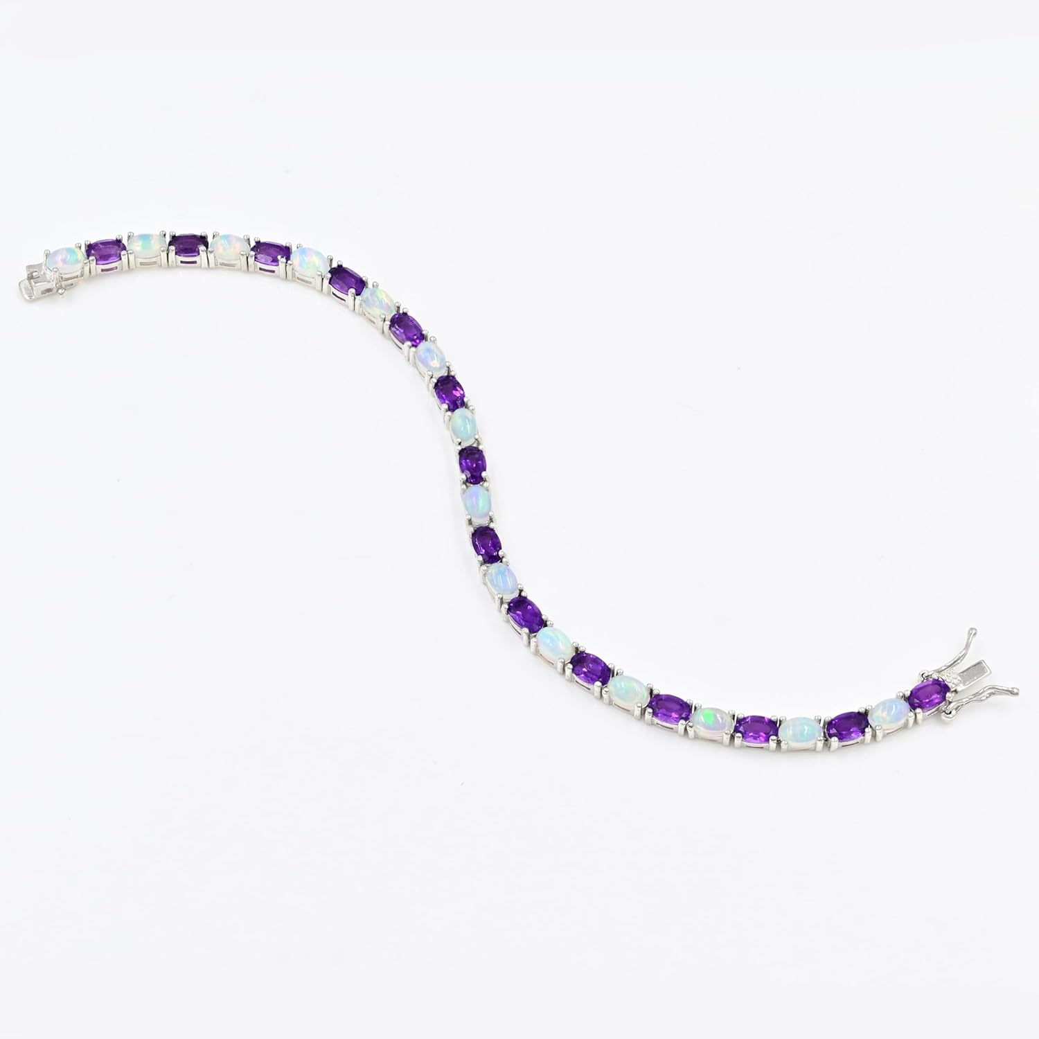 Natural Amethyst & Ethiopian Opal 6x4mm Oval Cut and Cabochon Tennis Bracelet for Women in Solid 925 Sterling Silver | Handmade Gemstone Line Bracelet | Luxury Silver Jewelry Gift | February & October Birthstones - Image 5