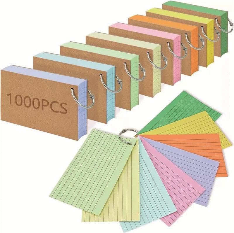 YelaJoy 1000 PCS Index Cards 3x5 Inch Colored Flash Cards with Rings Ruled Lined Note Cards for Studying School & Office Supplies