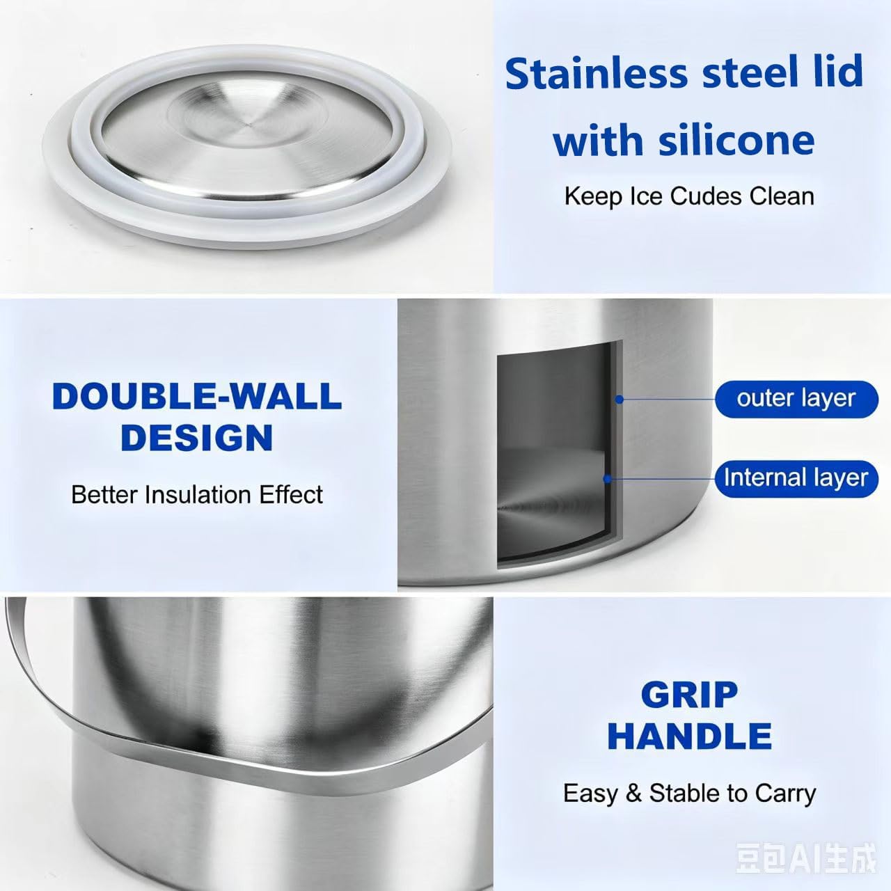 Ice Bucket, 3L Double Wall Insulated Ice Bucket with Lid,Scoop,Tongs- Inner Layer 304 Stainless Steel Ice Container Keep Ice Frozen Longer- Ideal for Cocktail Bar,Parties,Chilling Beer Win